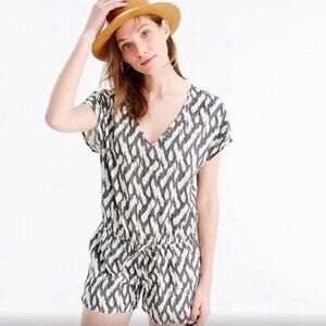 J. Crew Tie Waist Linen Blend Ikat Print Lightweight V-neck Romper Size XL